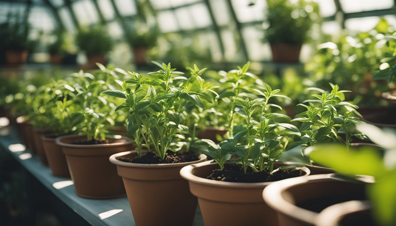 Herbs like basil, rosemary, and mint grow in pots in a sunlit greenhouse