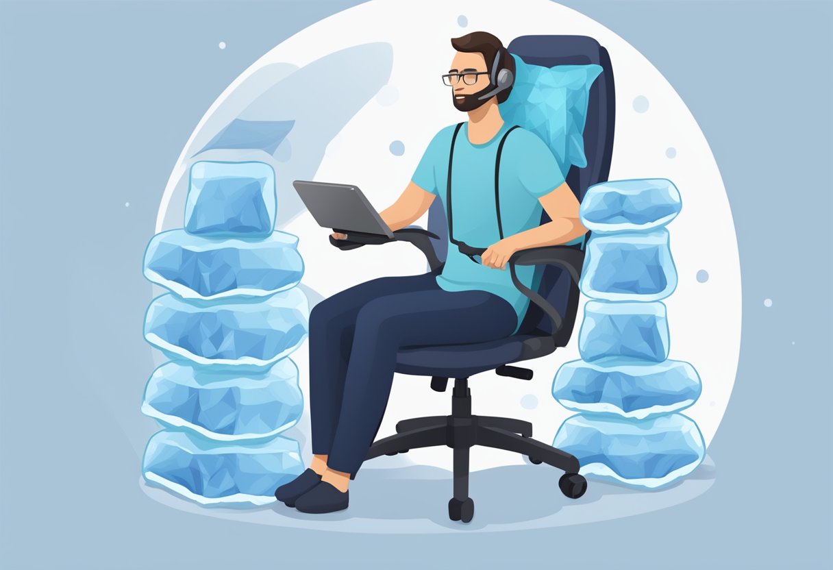 A person using an ergonomic chair with a lumbar support cushion, surrounded by ice packs and heating pads