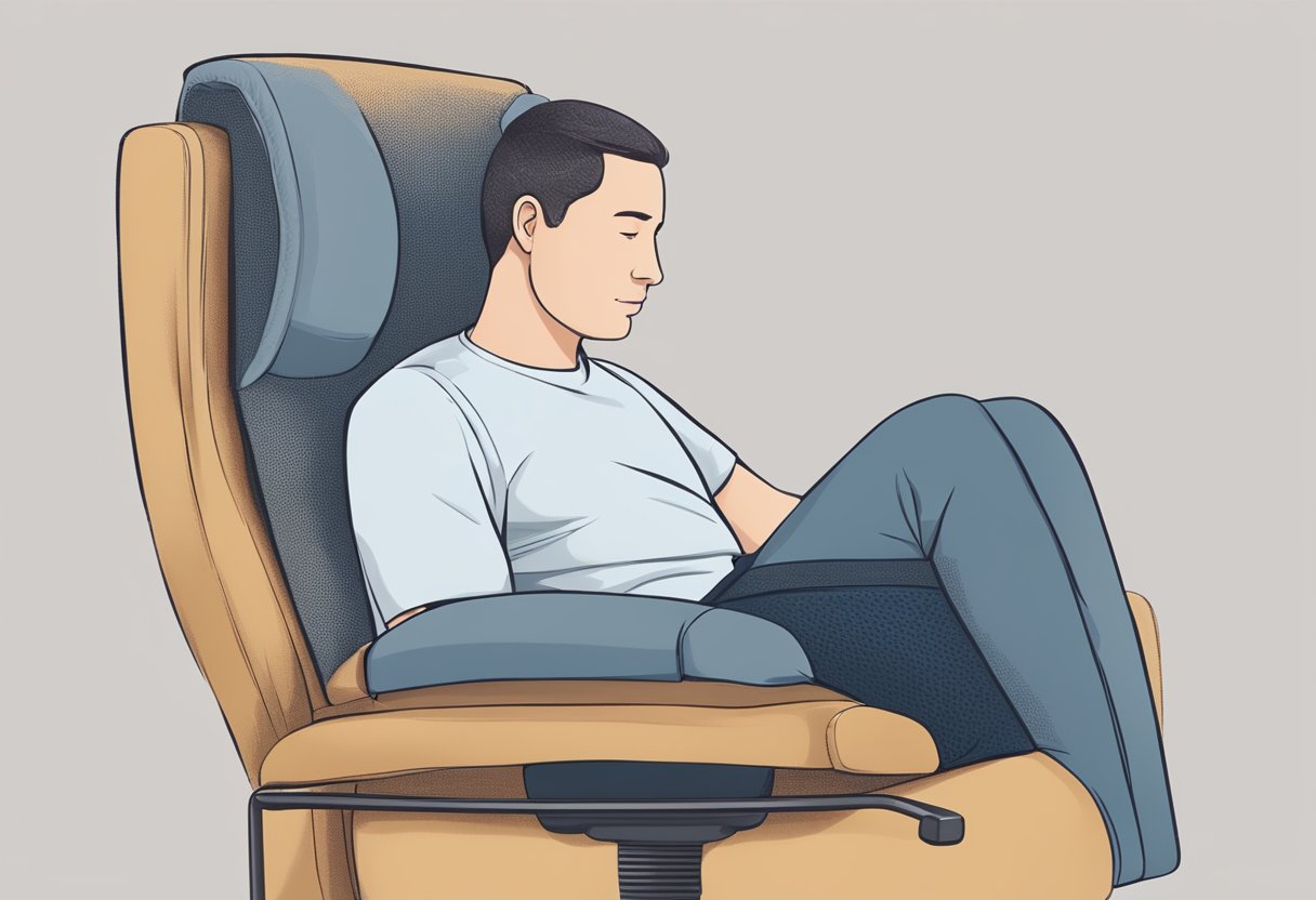 A person sitting in a chair with a lumbar support pillow placed behind their lower back, providing relief from back pain caused by a bulging disc