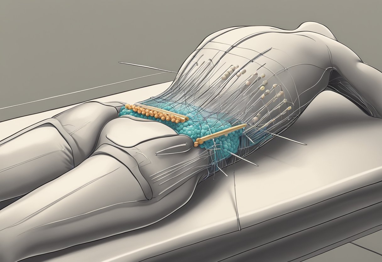 A person lying on a treatment table with acupuncture needles inserted into their back, with a focus on the area of the bulging disc