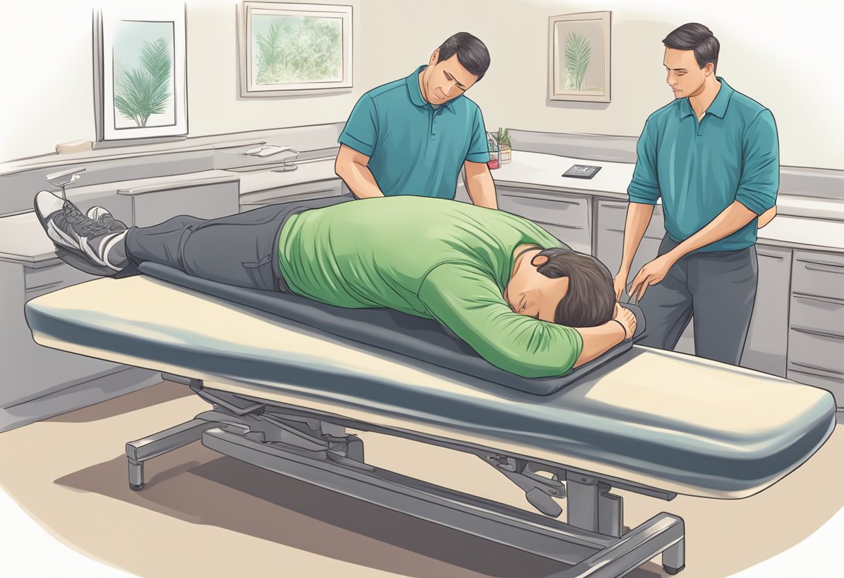 A person lying on a chiropractic table while a chiropractor performs an adjustment to relieve back pain caused by a bulging disc