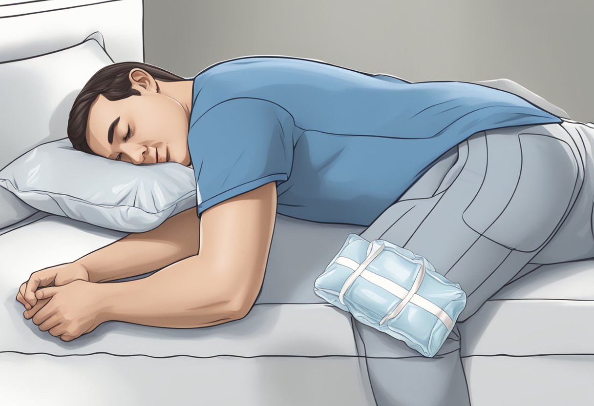 A person lying on a bed with a heating pad on their lower back and an ice pack on their upper back