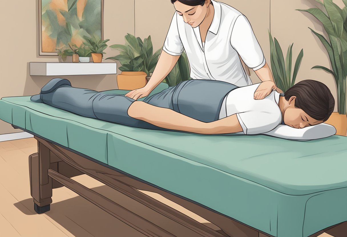 A person lying on a massage table, with a therapist using their hands to apply pressure to the lower back area