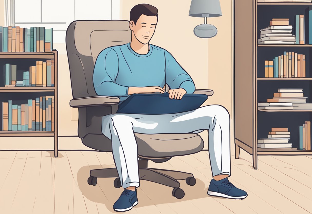 A person sitting on a cushioned chair with a heating pad on their lower back, surrounded by books on back pain relief and a diagram of a bulging disc