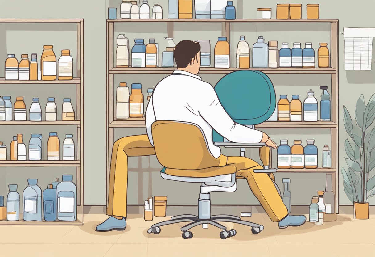 A person sitting on a chair with a hot water bottle on their lower back, surrounded by bottles of pain relief medication and a diagram of a bulging disc