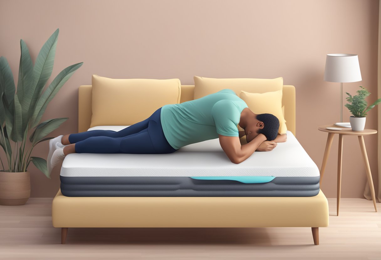 A person lying on a supportive mattress, using a lumbar support cushion, and doing gentle stretching exercises to relieve back pain caused by a bulging disc