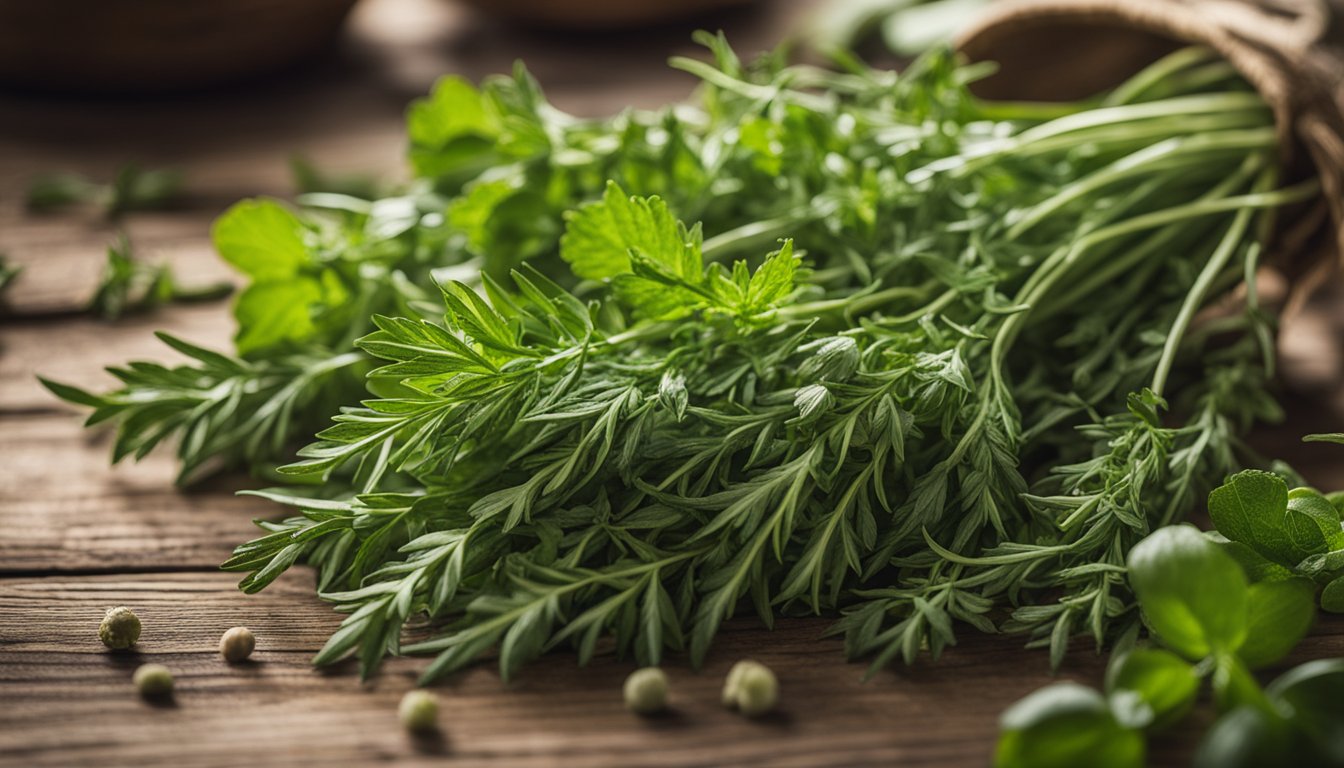 An array of wild herbs on a wooden table, ready for blending into a smoothie