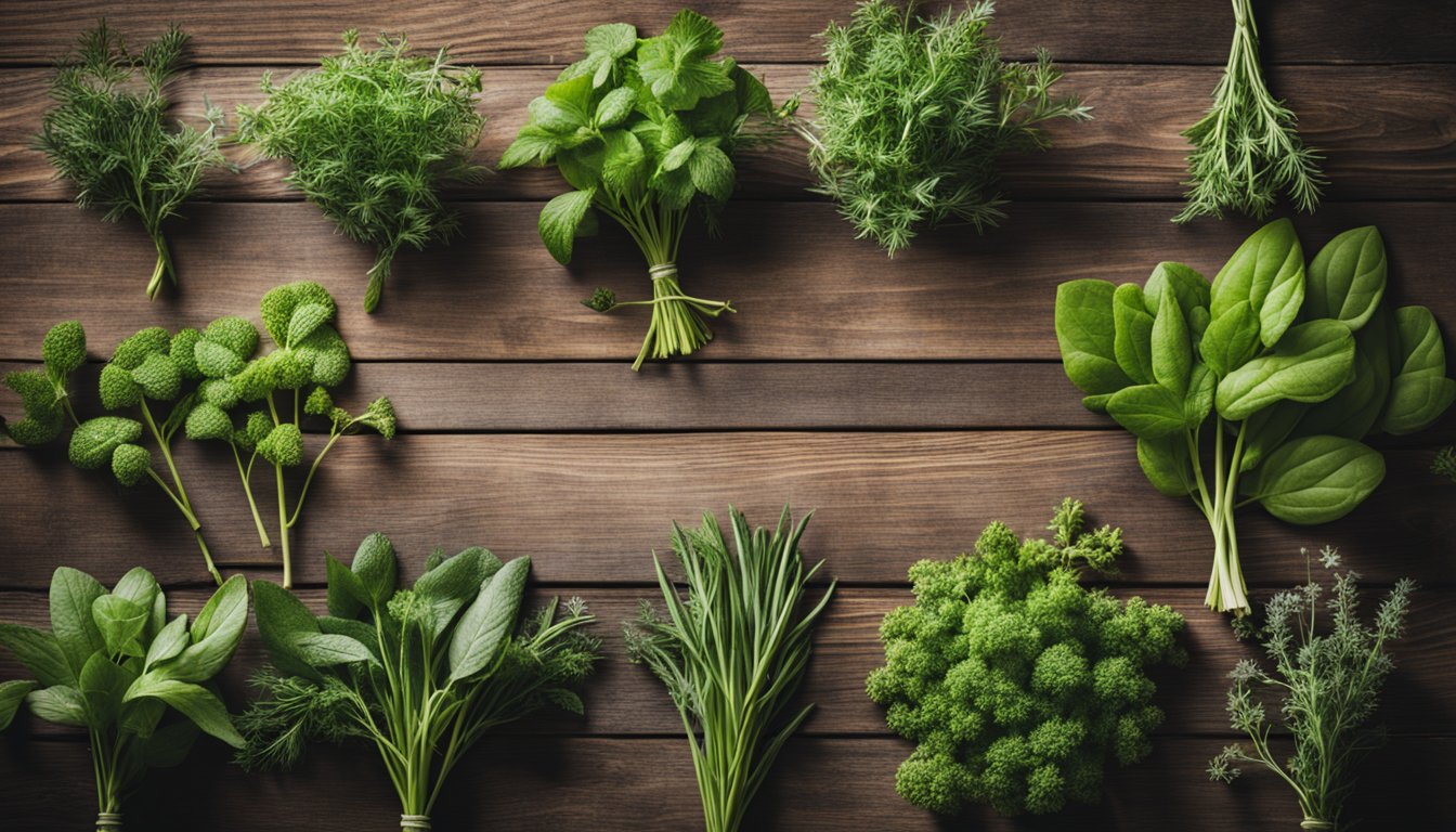 An array of wild herbs on a wooden table, awaiting blending