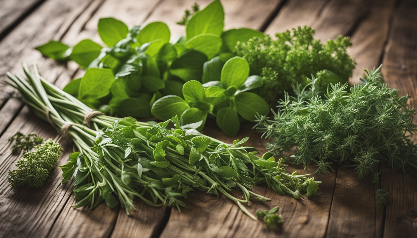 A variety of wild herbs lie on a wooden table, ready to be blended into a smoothie