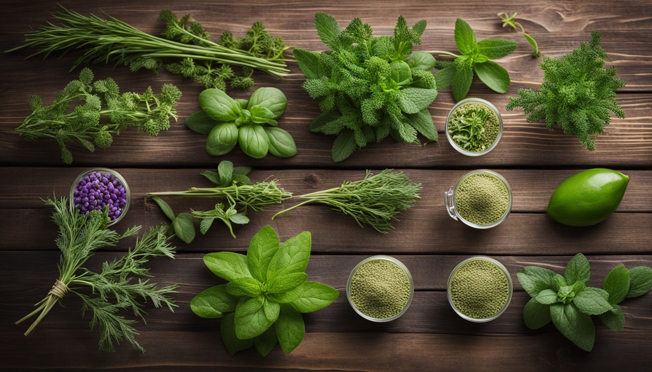 A variety of wild herbs on a wooden table, ready to be blended into a smoothie