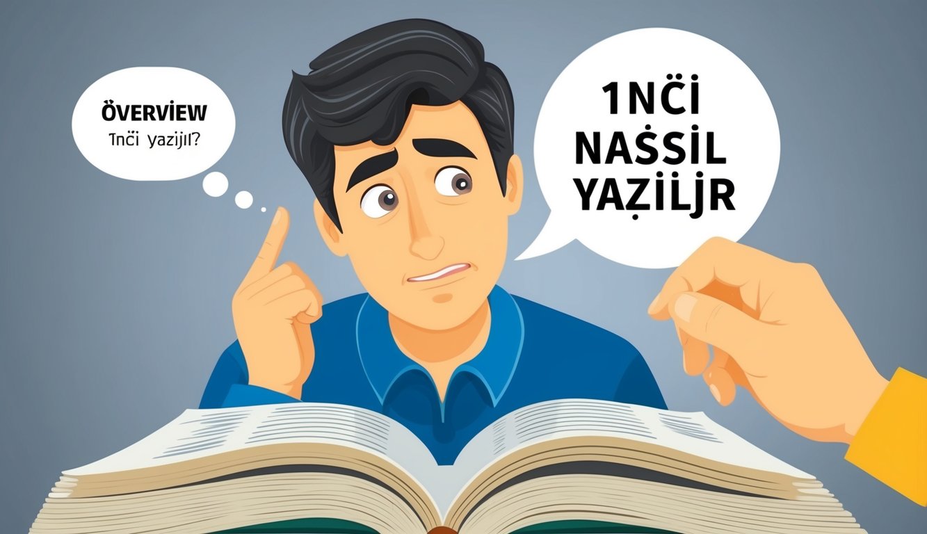 Bir kişi, şaşkın bir ifadeyle bir sözlüğe bakıyor, bu arada bir el "Overview" kelimesine ve "1nci nasıl yazılır" ifadesine işaret ediyor.