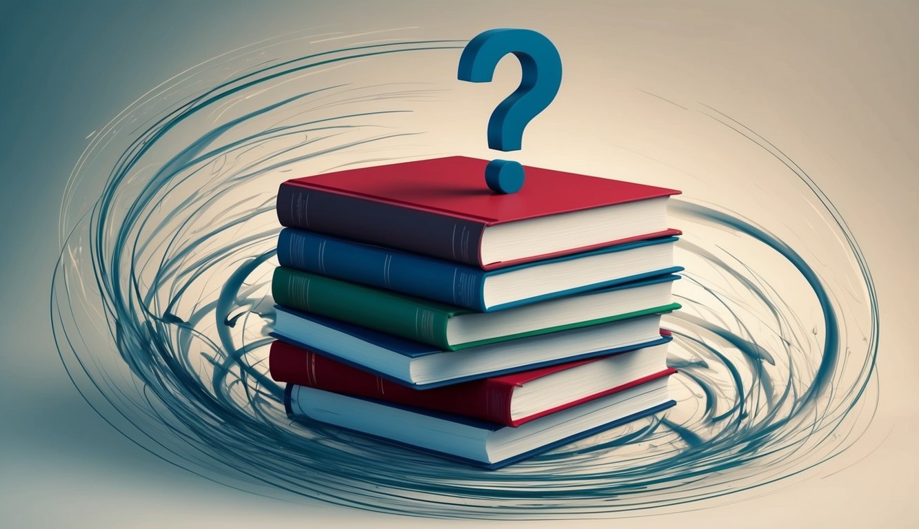 Üstünde bir soru işareti olan bir kitap yığını, etrafında dönen bir karmaşa ve belirsizlikle çevrili