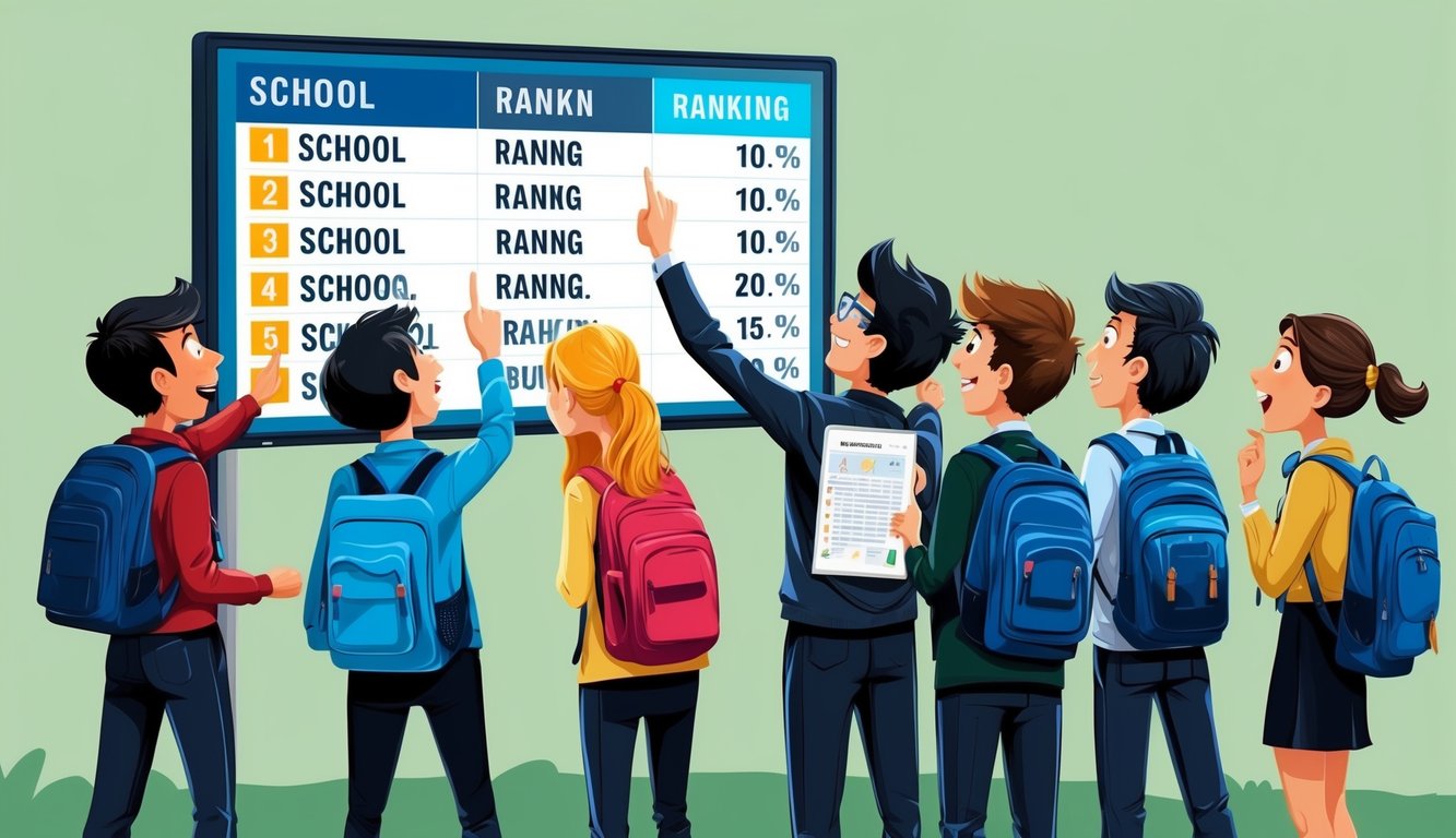 Bir grup öğrenci, dijital bir ekran panosunda okul sıralamalarını heyecanla kontrol ediyor.