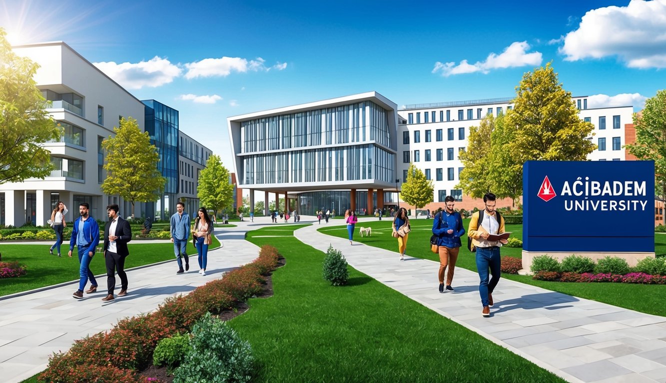 Modern binalar ve yeşil peyzaj ile dolu güneşli bir kampüs, üzerinde "Acıbadem Üniversitesi" yazılı belirgin bir tabela ile öğrencilerin yürüdüğü ve ders çalıştığı bir ortam.
