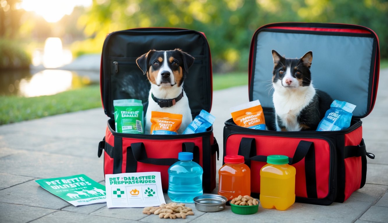 A dog and cat sit calmly in a well-stocked emergency kit with food, water, and supplies. A pamphlet on pet disaster preparedness lies nearby