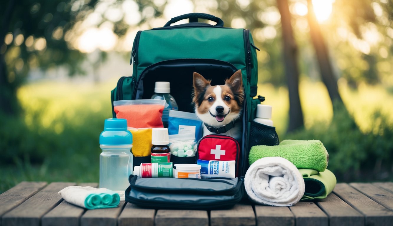 A pet emergency kit: a sturdy backpack filled with food, water, medications, first aid supplies, and comfort items like a favorite toy or blanket