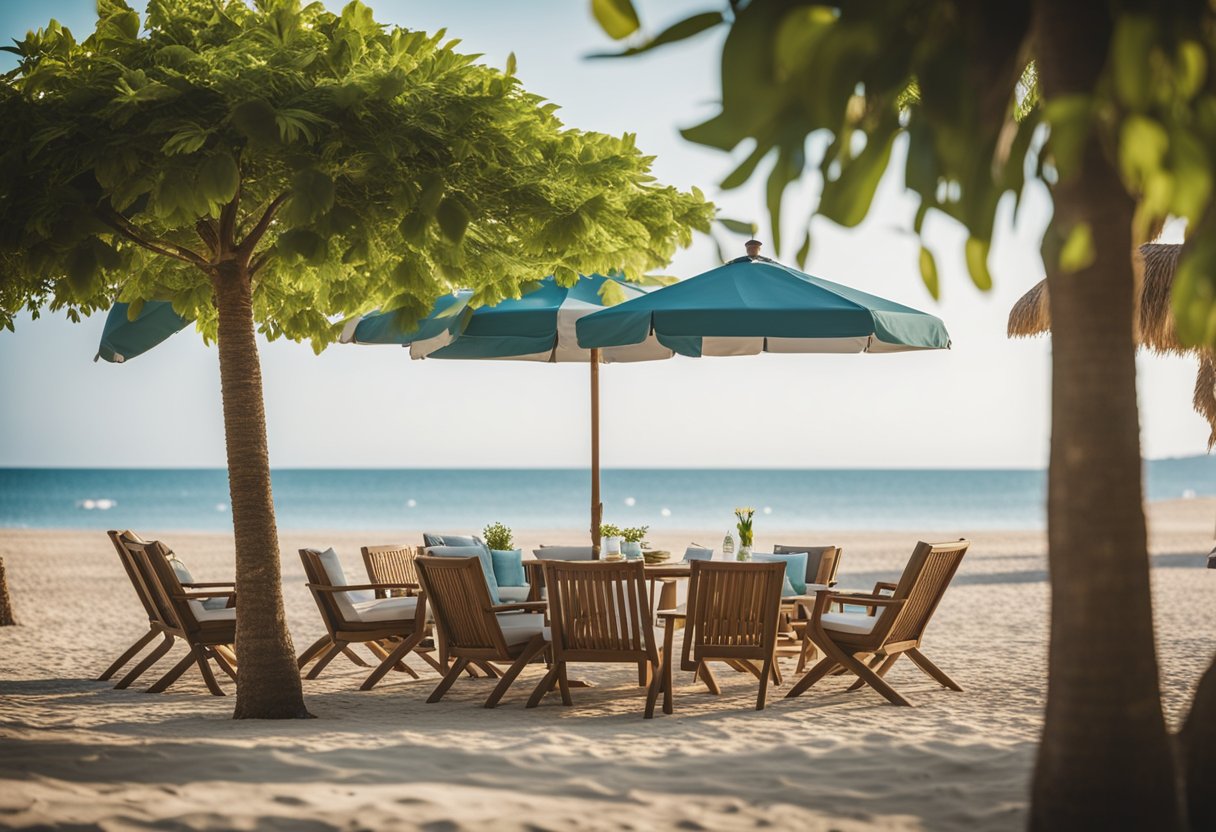 Uma praia serena com águas calmas e ondas suaves, cercada por uma vegetação exuberante e áreas de estar confortáveis, perfeita para viajantes idosos em busca de relaxamento e tranquilidade.