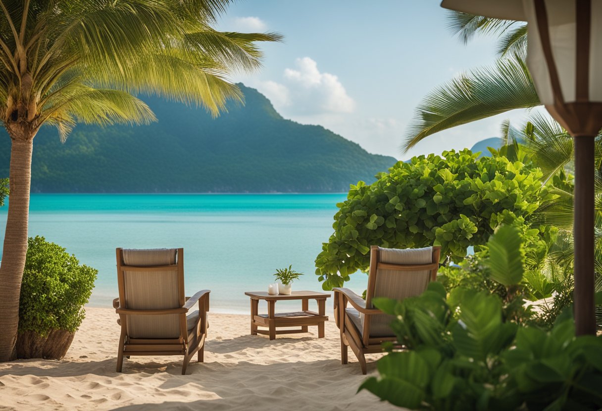 Uma praia serena com águas calmas e uma brisa suave, cercada por uma vegetação exuberante e áreas de estar confortáveis, perfeitas para viajantes idosos que buscam relaxamento e tranquilidade.