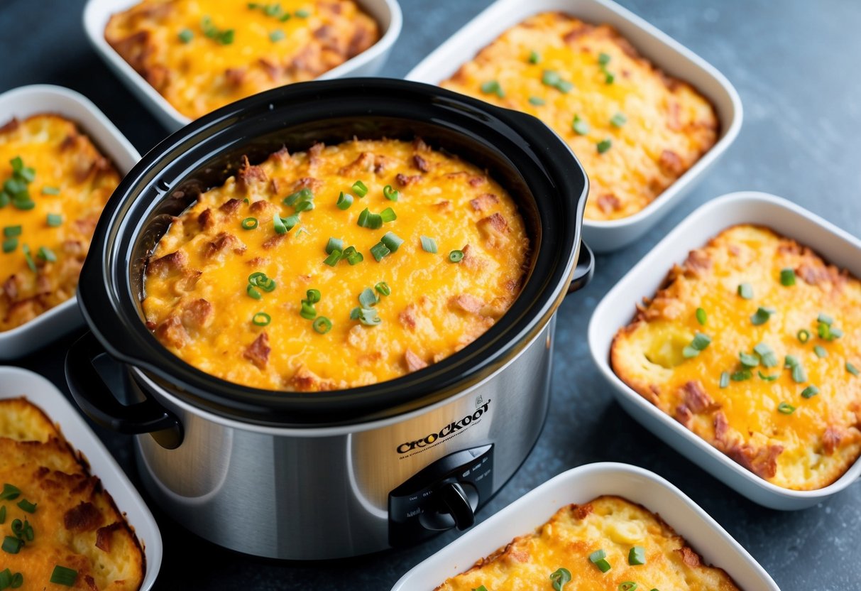 A crockpot filled with cheesy hash brown casserole surrounded by five other breakfast casseroles