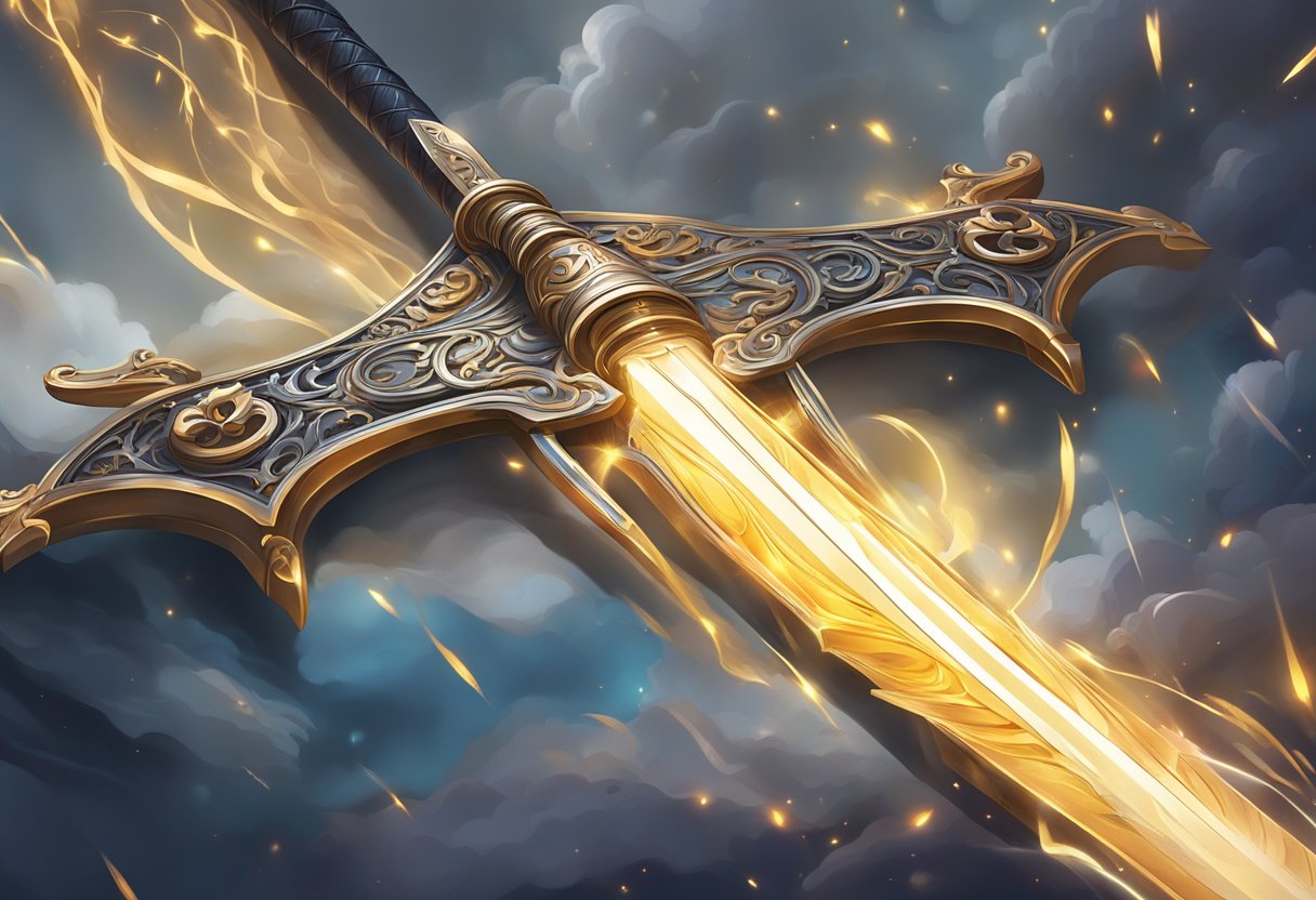 A glowing, intricately designed sword suspended in mid-air, surrounded by swirling energy and sparks