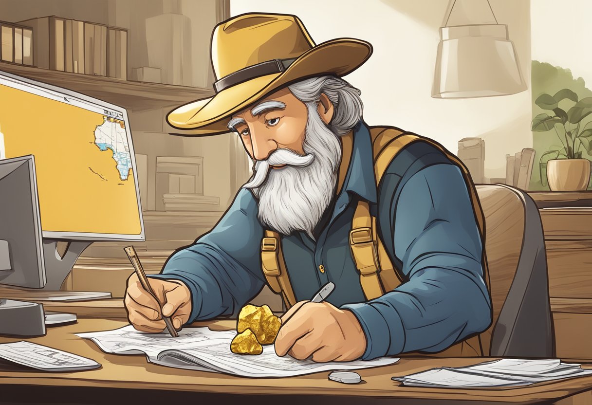 A prospector holding a gold nugget, with a map and shovel nearby, filling out forms at a desk with the Australian Taxation Office logo