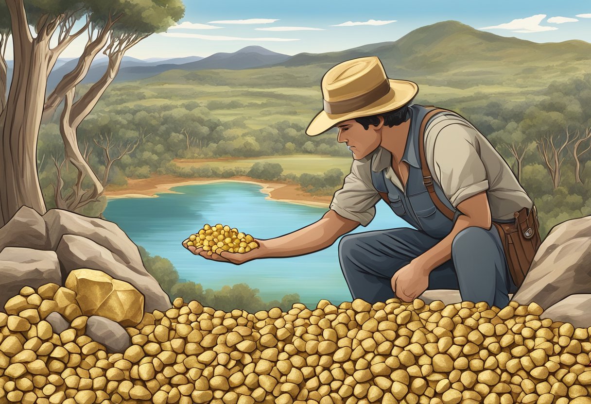 An illustration of a person gold prospecting in a scenic Australian landscape, with a collection of gold nuggets and a form from the Australian Taxation Office in the foreground