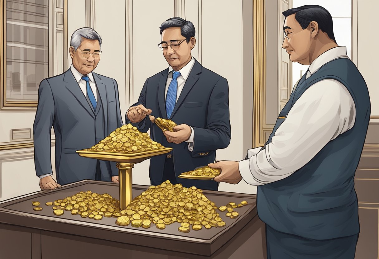 A person weighing and selling gold to a government official