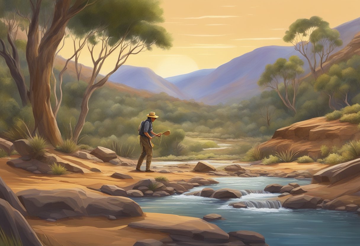 A picturesque Australian outback with a flowing river, rocky terrain, and lush vegetation, with a prospector sifting through sediment for gold