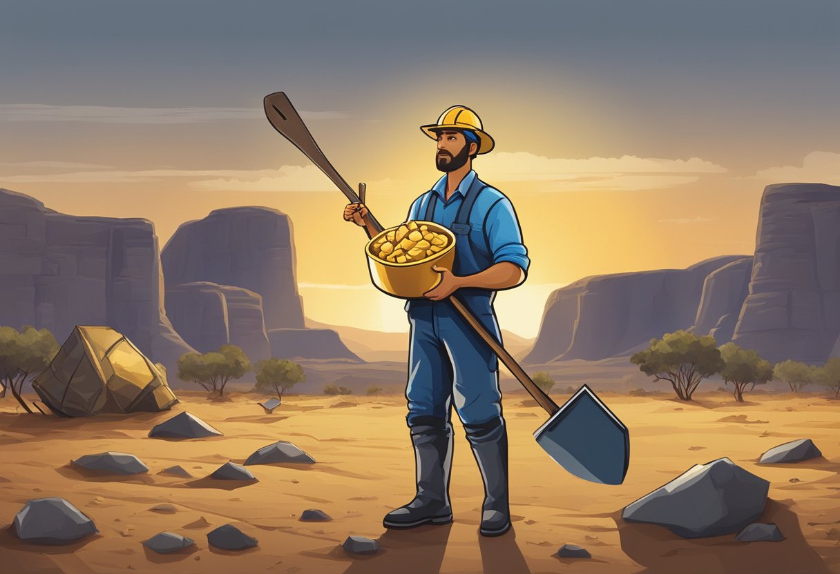 A person holding a gold nugget, standing in the Australian outback, with a mining pick and shovel nearby. The ATO logo is visible in the background