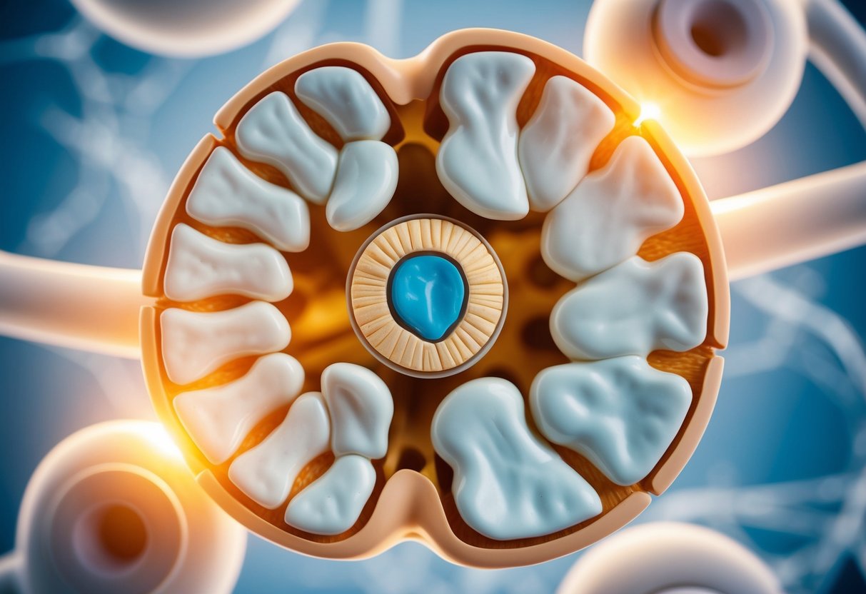 A cross-section of a spinal disc with visible bulging or herniation, surrounded by anatomical structures