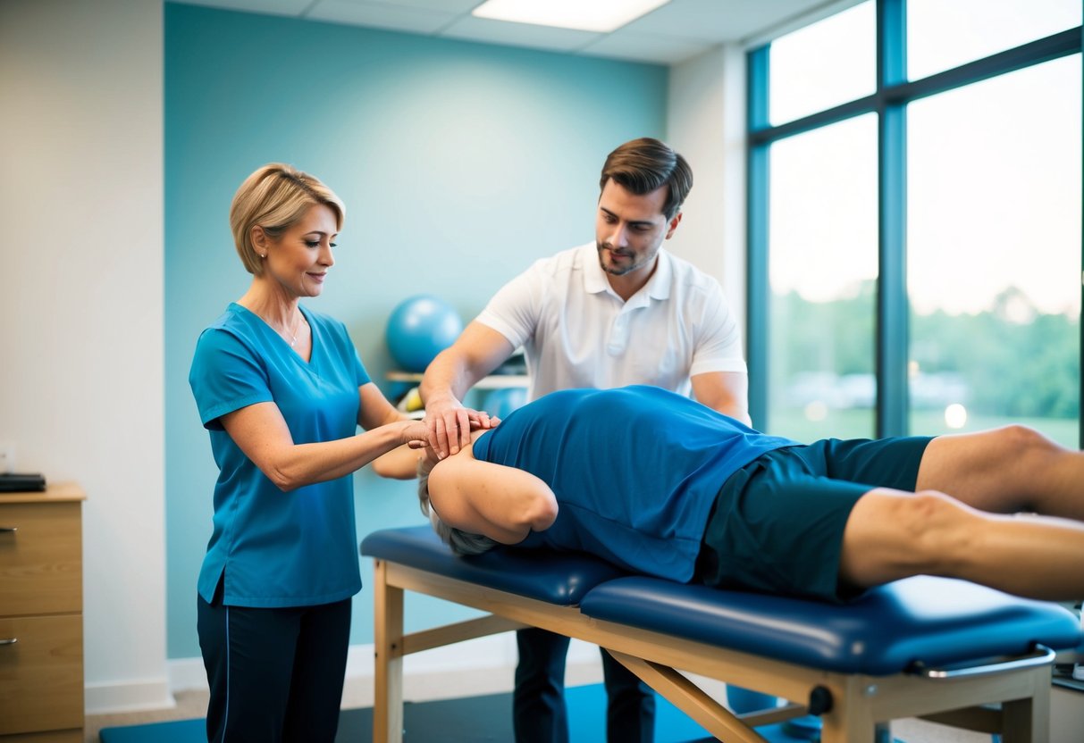 A physical therapy room with exercise equipment and a therapist assisting a patient with a bulging disc or pinched nerve