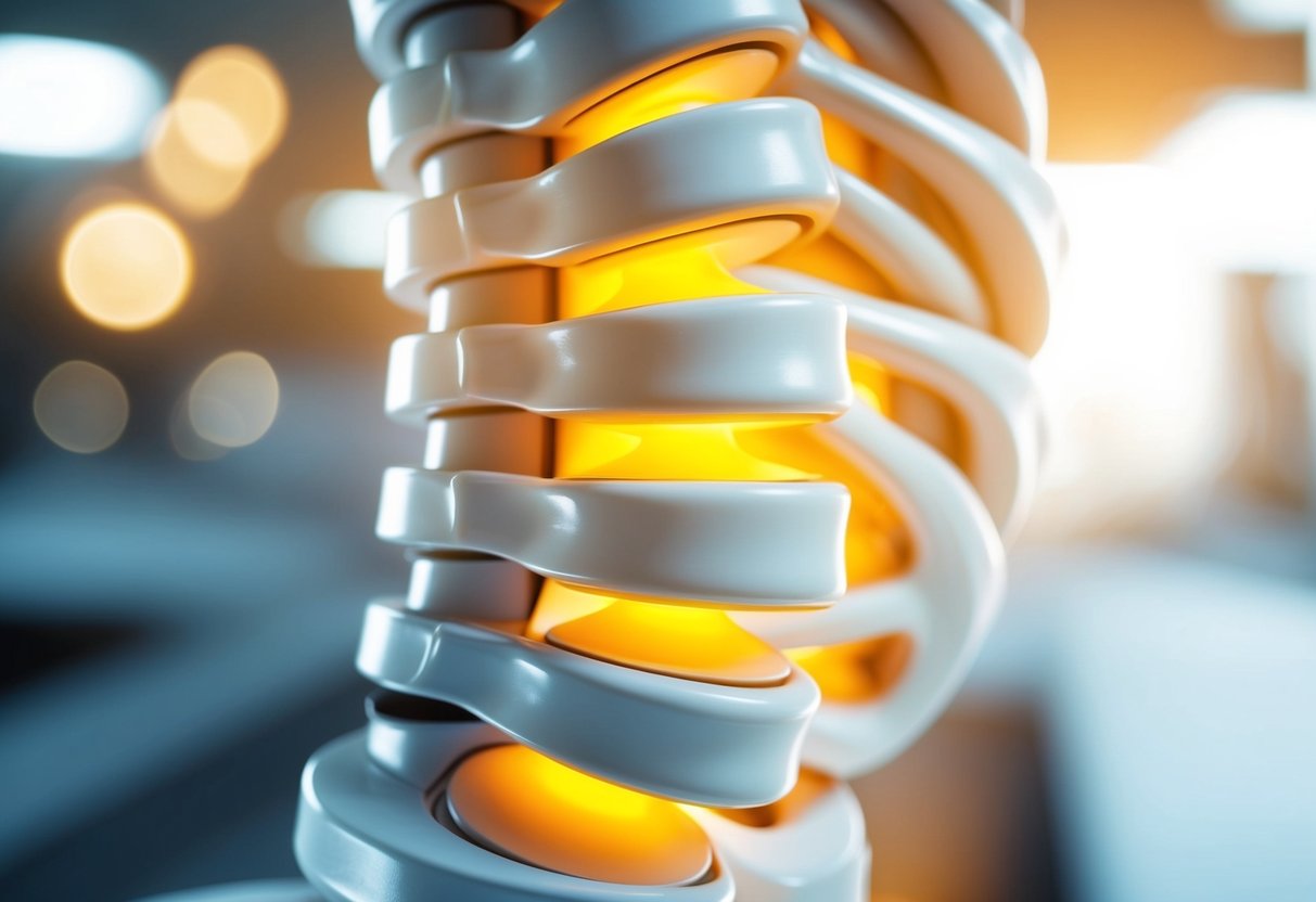 A spinal disc bulging outwards, pressing on nearby nerves, causing pain and discomfort