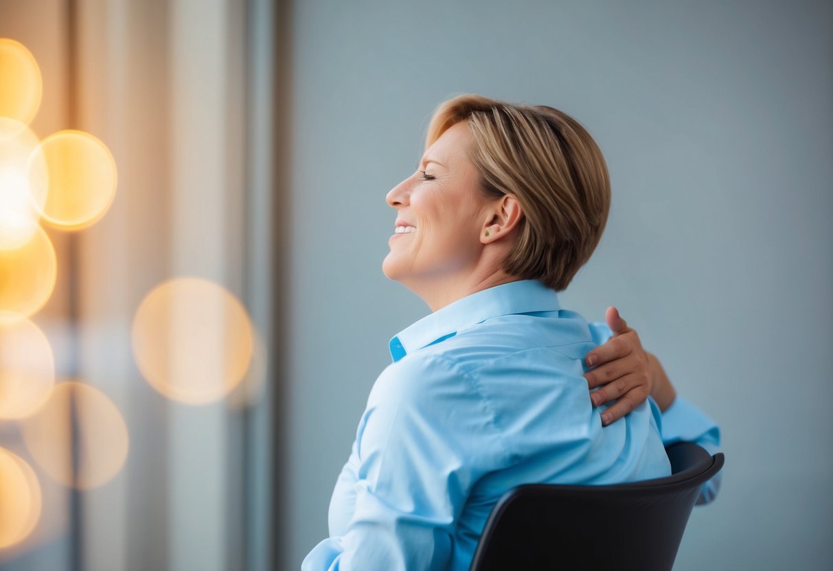 A person sitting in a chair, wincing in pain with one hand gripping their lower back