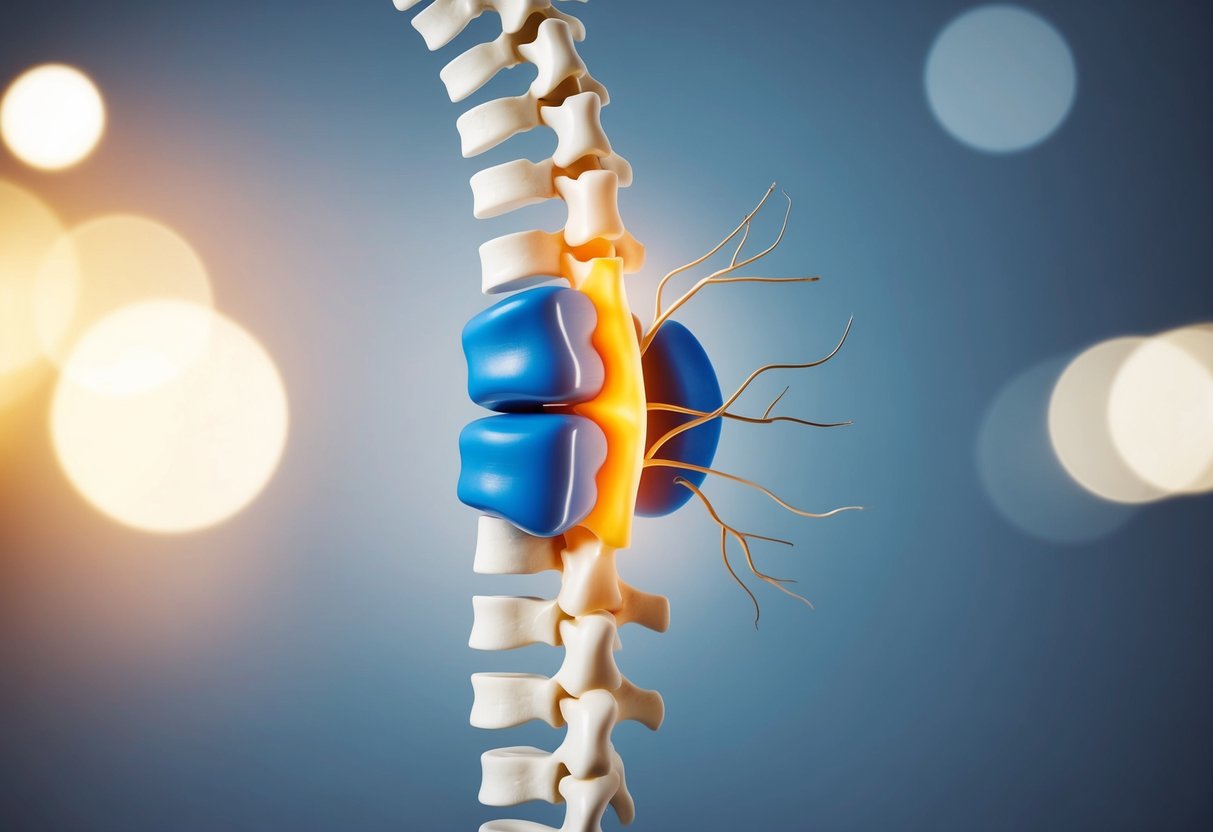 A cross-section view of a spinal column with a bulging disc pressing against the nerves