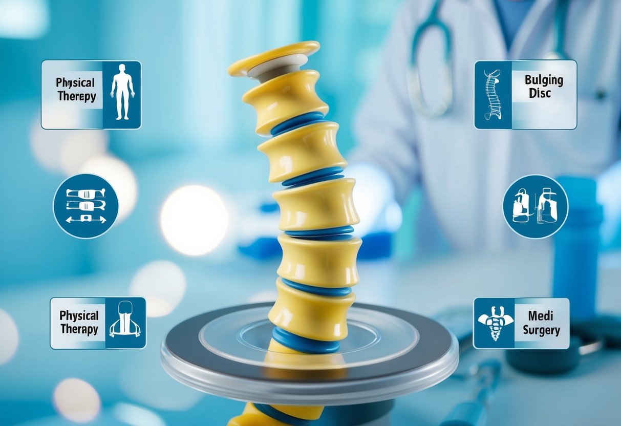 A spinal column with a bulging disc, surrounded by various treatment options such as physical therapy, medication, and surgery