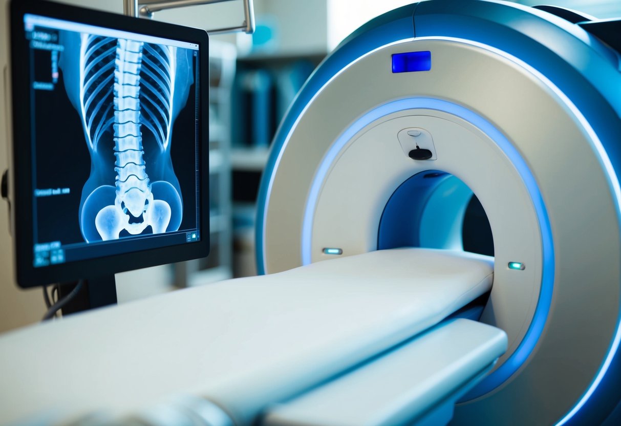 A medical imaging machine capturing the inside of a spine, revealing a bulging disc or tumor