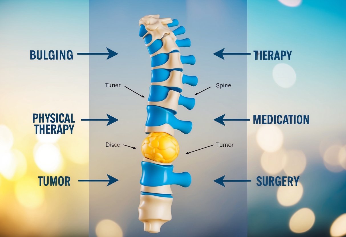 A medical diagram showing the spine with a bulging disc and a tumor, with arrows pointing to different treatment options such as physical therapy, medication, and surgery