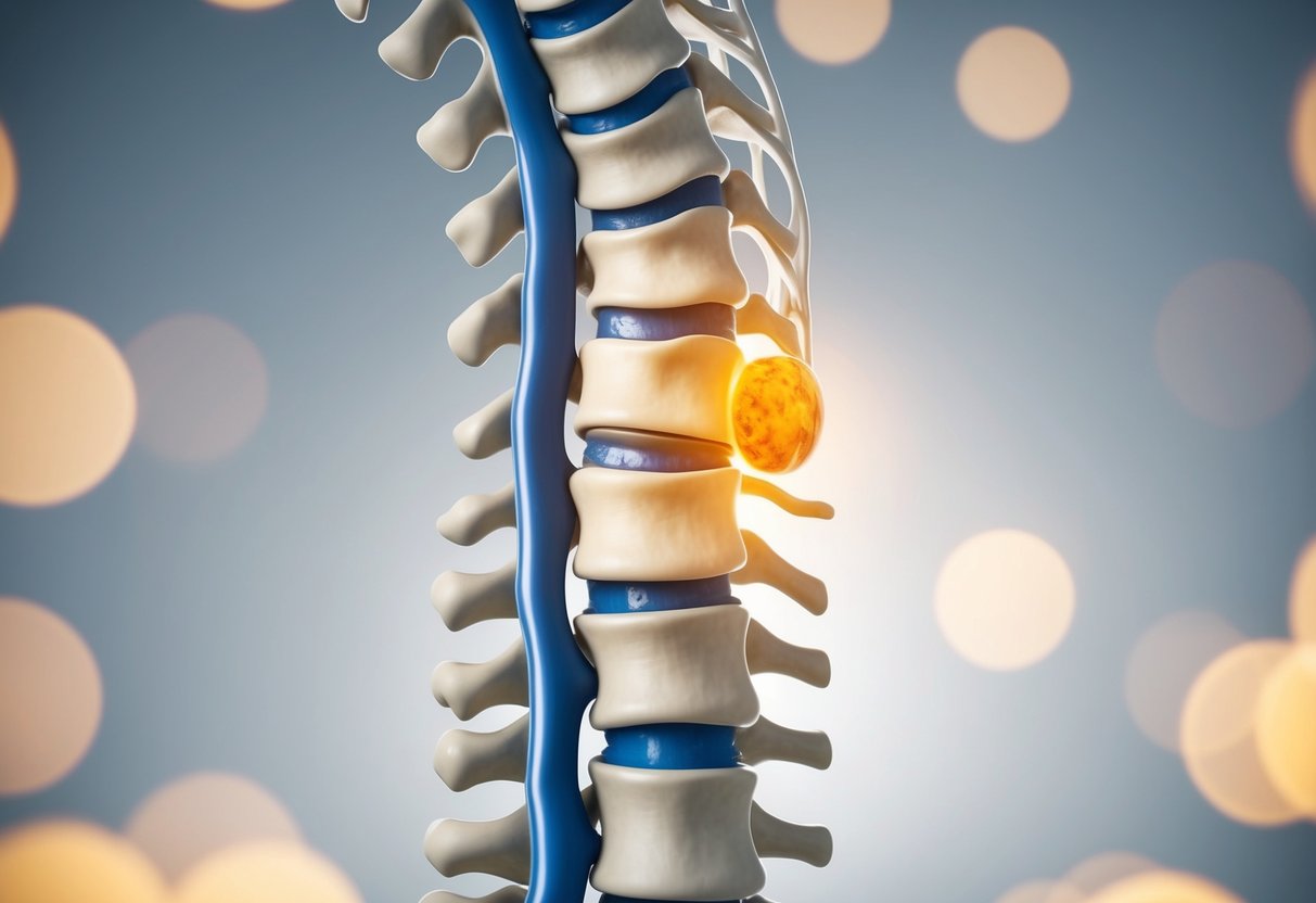 A detailed illustration of the spinal column with a bulging disc or tumor, showing the affected area in clear detail