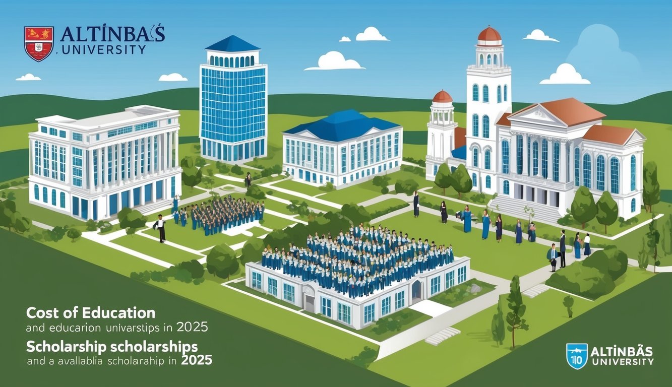 İkonik binalara sahip bir kampüs ve 2025'teki eğitim maliyetini ve mevcut bursları tasvir eden Altınbaş Üniversitesi'ndeki burs töreni