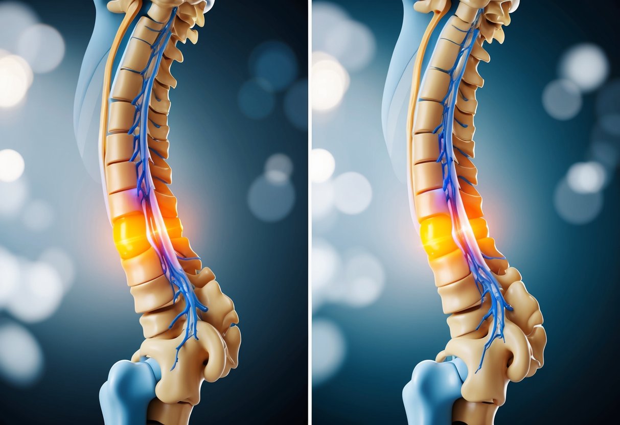 A side-by-side comparison of a bulging disc and arthritis in the spine, with detailed anatomical illustrations and diagnostic imaging