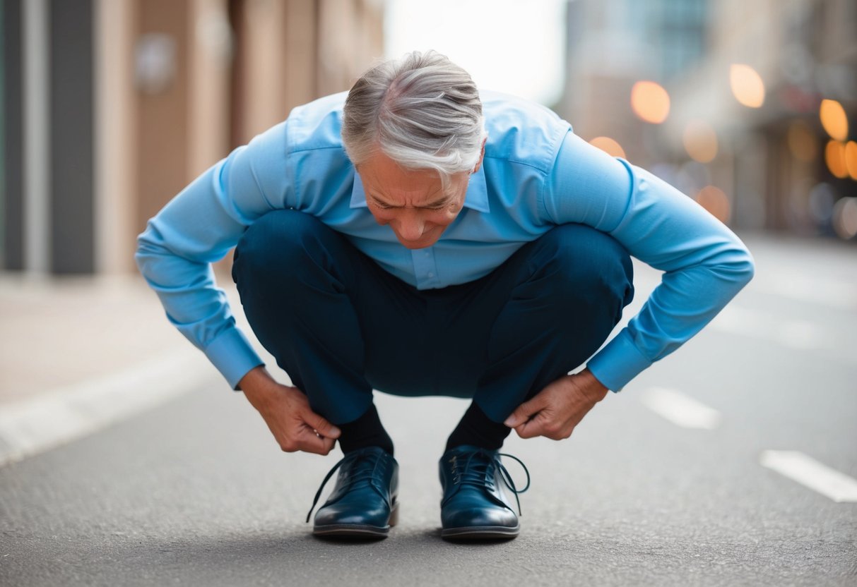 A person struggling to bend down to tie their shoes, wincing in pain from a bulging disc or arthritis