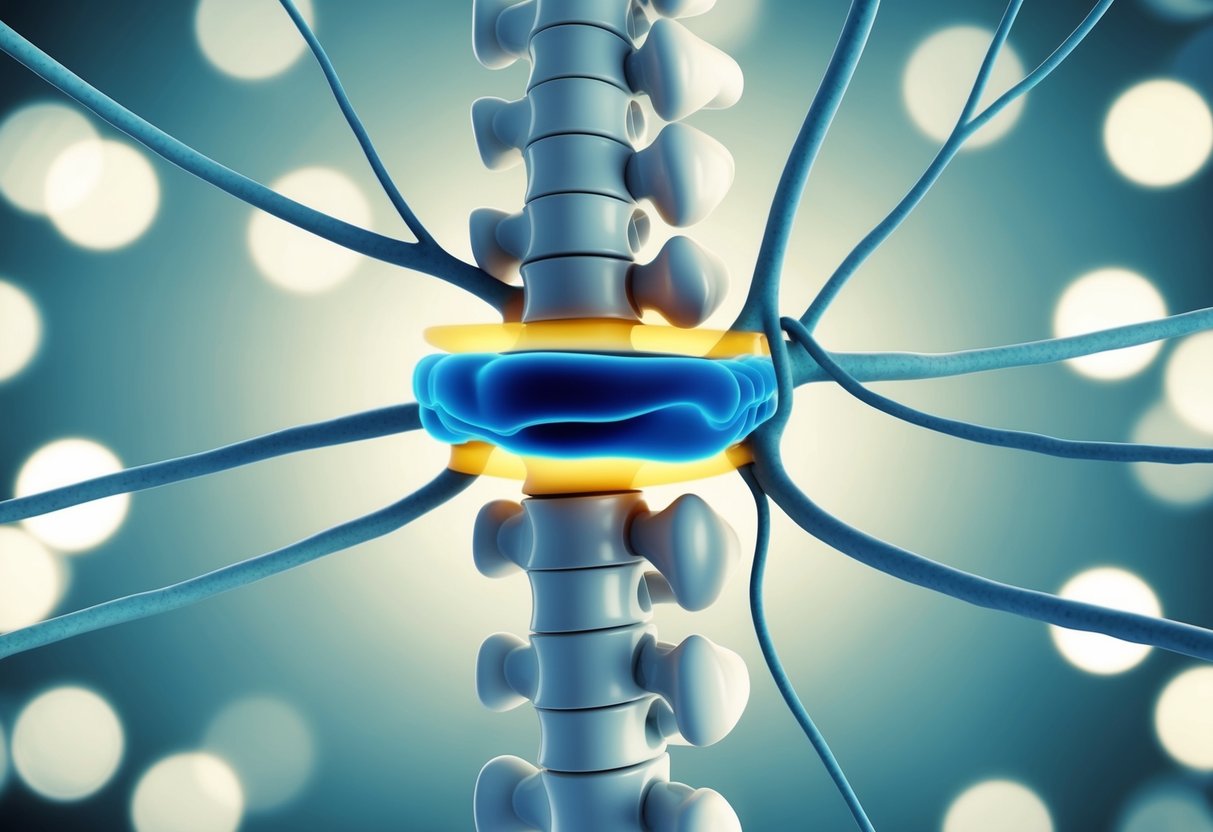 A spinal column with a bulging or slipped disc, surrounded by nerves and vertebrae