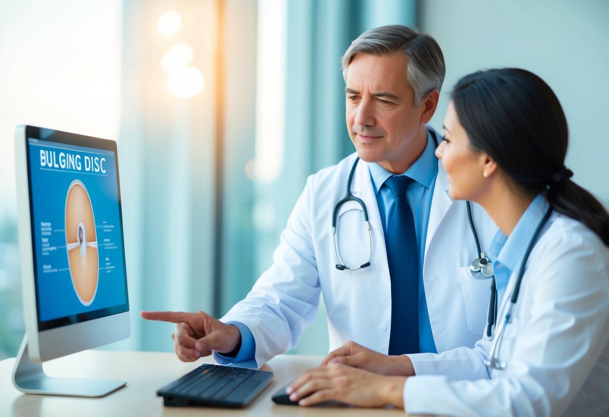 A doctor discussing treatment options with a patient, pointing to a diagram of a bulging or slipped disc on a computer screen