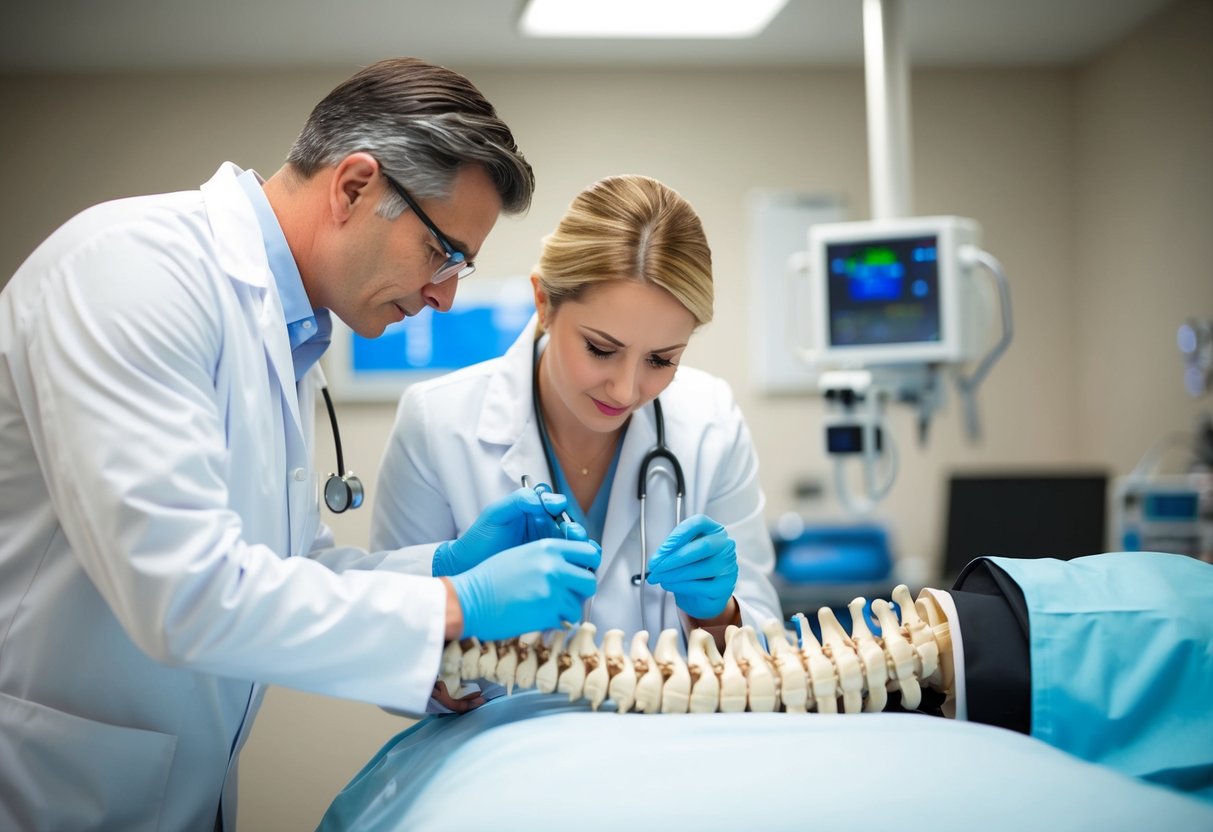 A physician examining a patient's spine with diagnostic equipment