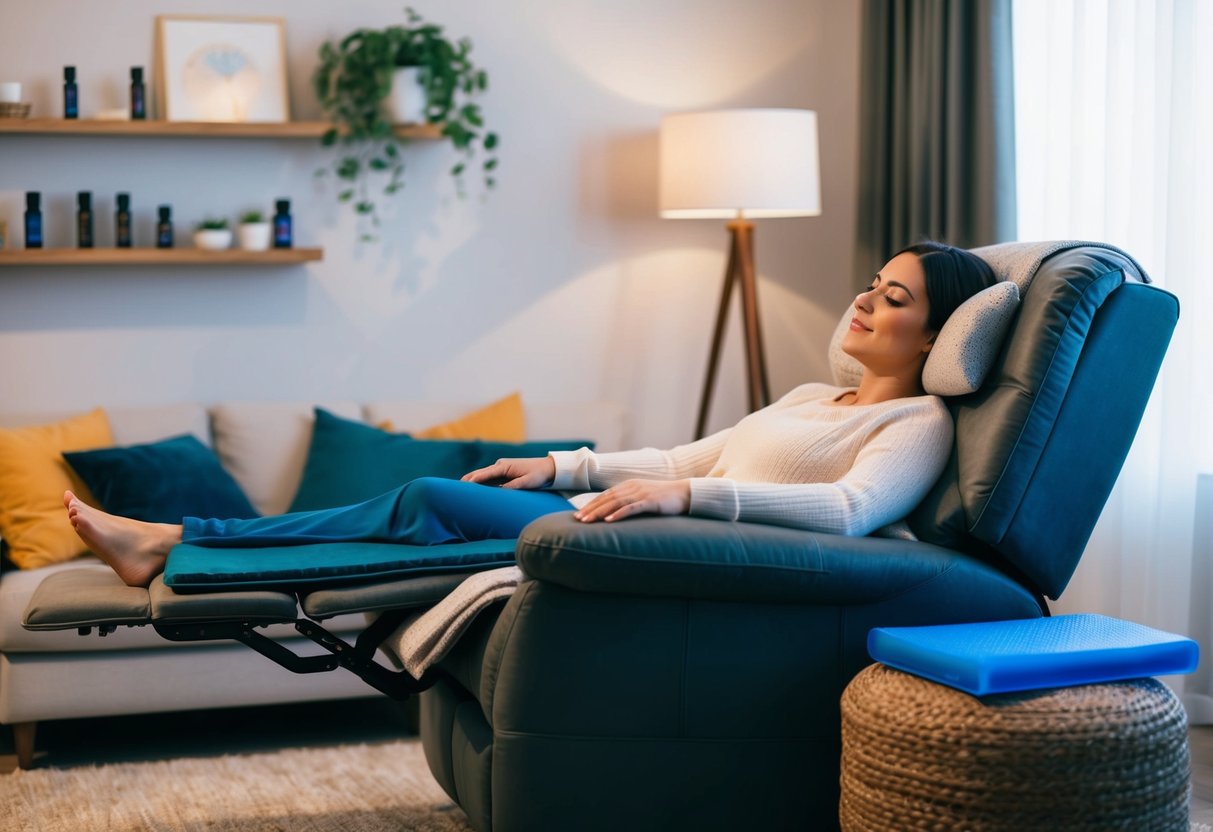 A cozy living room with a person resting on a recliner, surrounded by heating pads, ice packs, essential oils, and a yoga mat