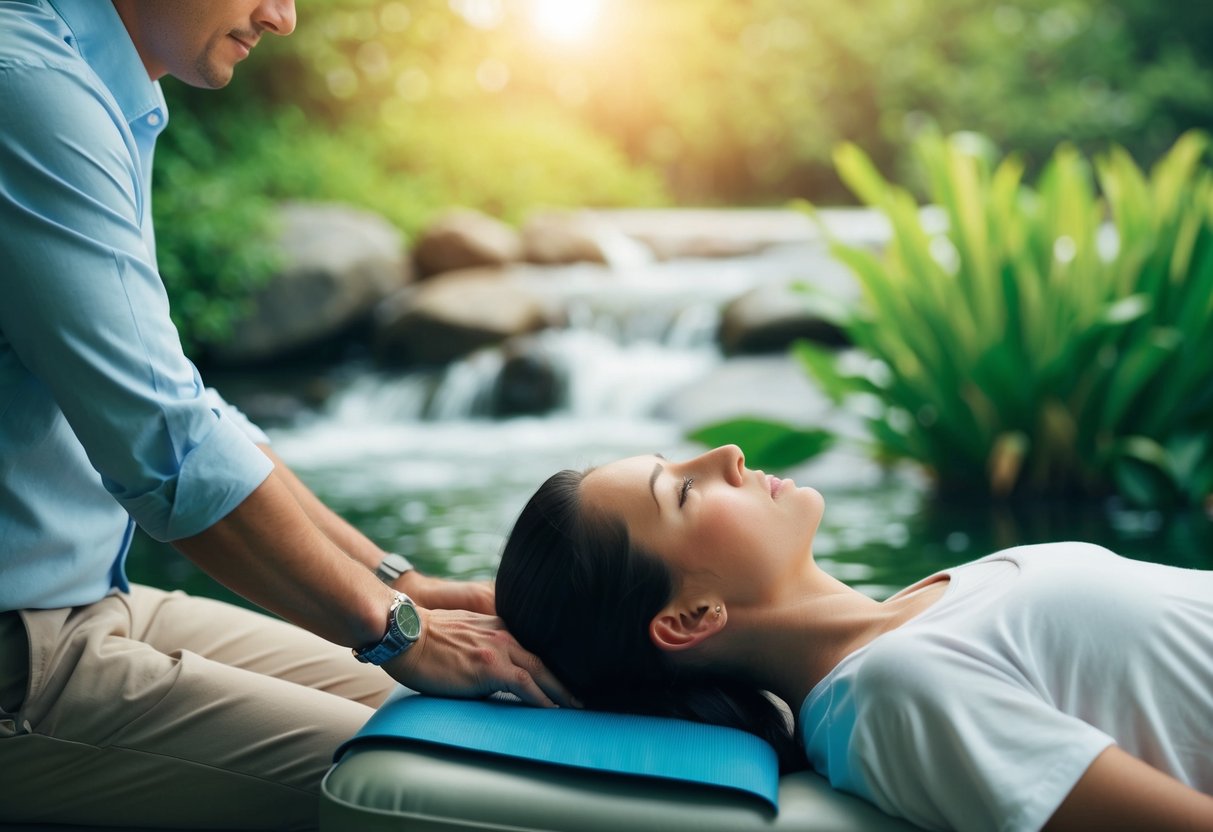 A person receiving alternative therapy for a bulging disc, surrounded by calming nature elements such as flowing water and lush greenery