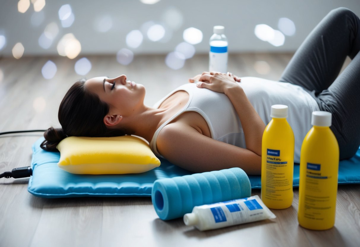 A person lying on a heating pad with an ice pack on their lower back, surrounded by bottles of pain medication and a foam roller nearby