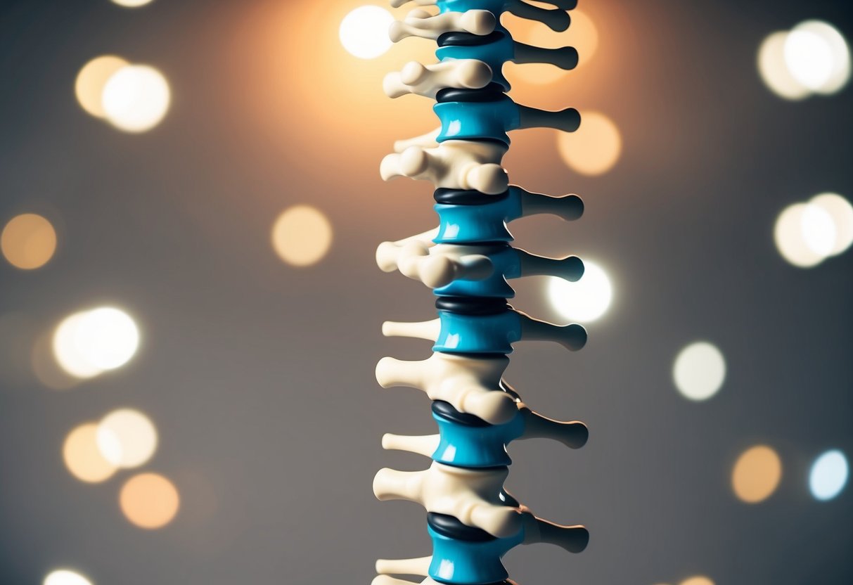 A spinal column with a bulging disc and surrounding tight muscles