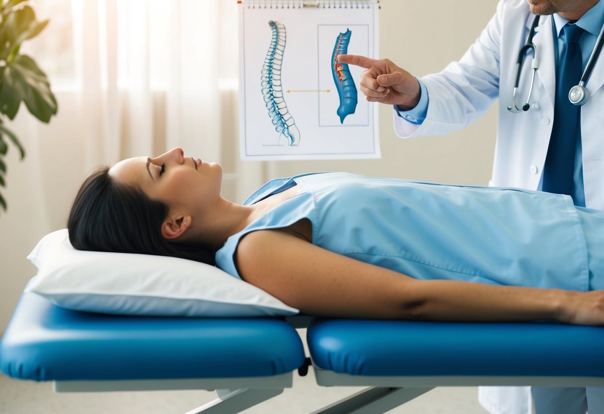 A person lying on a medical examination table while a doctor points to a diagram of the spine, indicating a bulging disc or tight muscles