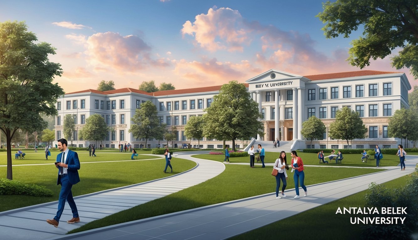 Antalya Belek Üniversitesi'nde binalar, ağaçlar ve akademik faaliyetlerle meşgul öğrencilerin bulunduğu huzurlu bir kampüs ortamı.